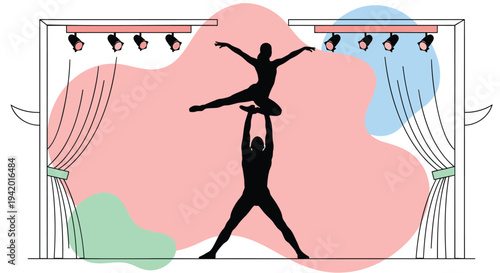 Vector illustration of acrobatic duo on colorful stage background