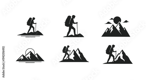 Hiking adventurers with mountains and sun a minimal design silhouette