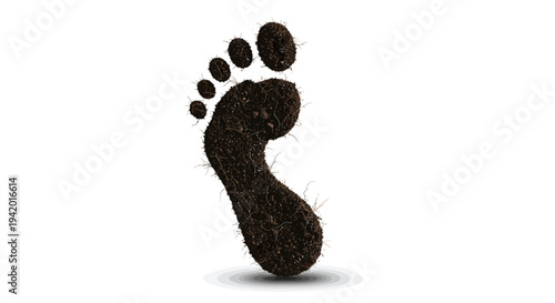 Soil footprint print with roots on white background