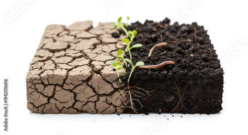 Green shoots emerge from fertile soil contrasting dry cracked earth
