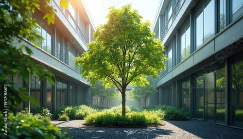 Modern office building courtyard with mature tree and rich green plants. Reflective glass facades contrast with natural elements, suggesting eco-friendly architecture and urban sustainability.