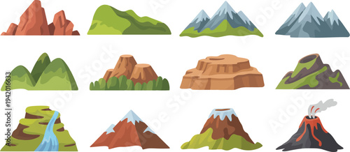 A varied set of outdoor landscape features including mountains, hills, and active volcanoes on a clean white surface