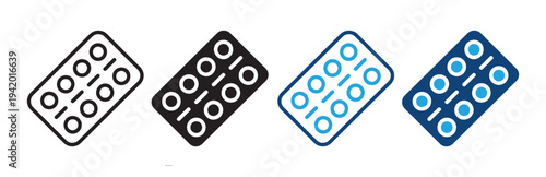 Blister Pack Pills Icon Set Medication Tablet Packaging Line and Solid Medical Symbols