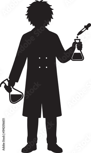 Silhouette of a scientist in a lab coat holding a syringe and two beakers also transparent background