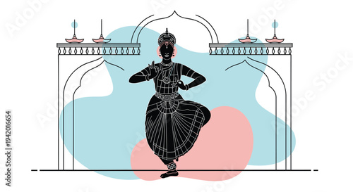 Vector illustration of Indian classical dancer in traditional attire