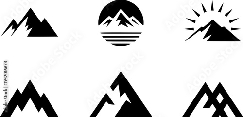 Collection of Black Mountain and Symbols White Background peak summit