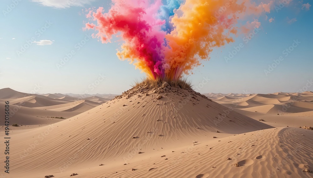 Fototapeta premium Vibrant colorful smoke explodes from desert sand dune