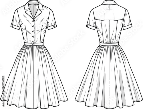 Black and white of a short sleeved dress with a fitted bodice and a full skirt shown from the front and back