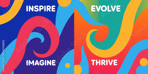 Colorful abstract background with inspiring words inspire imagine evolve thrive