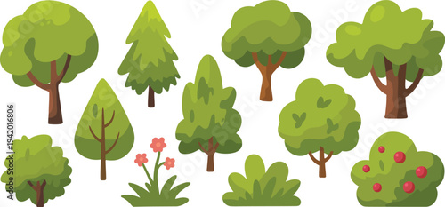 A varied collection of cartoon green trees, bushes, and a small flower patch, some bearing red berries