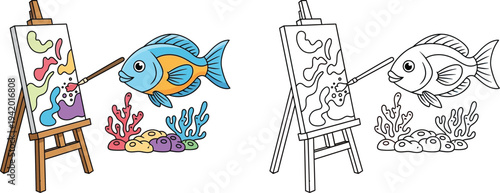 Cute Cartoon Fish Painting Abstract Art on Easel with Coral Creative Marine Life Illustration