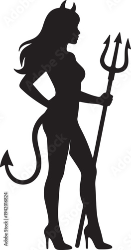 Silhouette of a woman with devil horns holding a pitchfork and wearing heels also transparent background