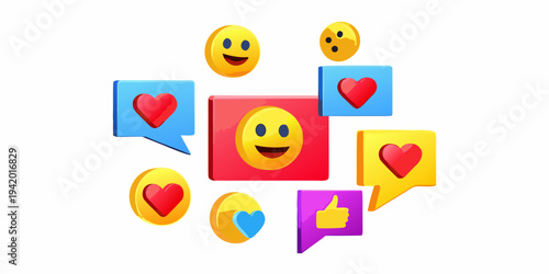 Floating emoji icons featuring hearts smiles and thumbs up symbols