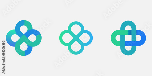 Abstract interwoven knot designs in varying shades of blue and green