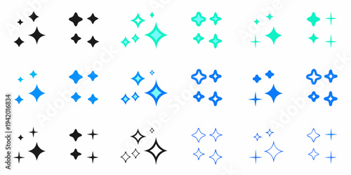 Collection of colorful and black star and sparkle shaped design elements