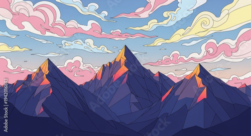 Majestic Mountain Range Under Colorful Sky.