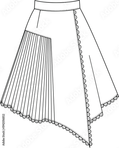 Black and white of asymmetrical skirt with pleats and scalloped trim pleated skirt black and white fashion clothing garment