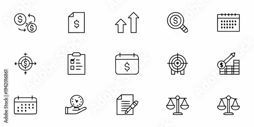 Collection of financial and business related line icons on white background