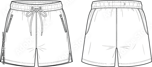 Black and white of front and back of shorts with drawstring waist and side pockets fashion clothing