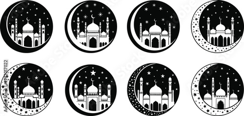 Ramadan Kareem mosque silhouette set inside crescent moon with stars for Eid Mubarak celebration greeting cards and Islamic festival decor