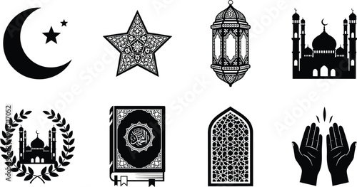 Islamic Ramadan icon set featuring mosque, crescent moon, lantern, Quran book, praying hands, and ornate stars for Eid Mubarak festival decoration