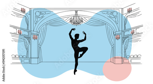 Vector illustration of ballet dancer on stage with theater background