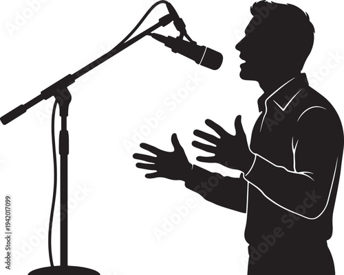 Silhouette of man speaking into a microphone on a stand also transparent background