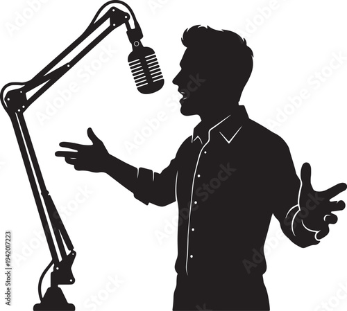 Silhouette of man speaking into vintage adjustable microphone also transparent background