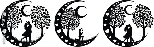 Romantic wedding silhouette set featuring couple under moon with heart trees for laser cut, wedding invitation, engagement, and Valentine's Day decor