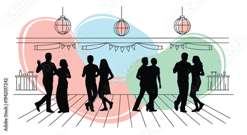 Vector illustration of 8 people dancing in colorful party scene