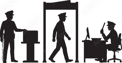 Silhouettes of three security officers at an airport checkpoint also transparent background metal detector