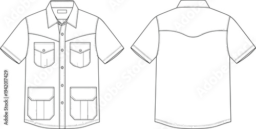 Line of a short sleeved button up shirt with four pockets line fashion