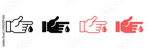 Blood test for diabetes disease line and silhouette icon set, human hand with blood drop, and sugar research,  probe, glucose level analysis, isolated vector illustration