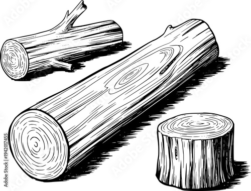 Hand Drawn Wooden Logs and Tree Stump Isolated White Background timber