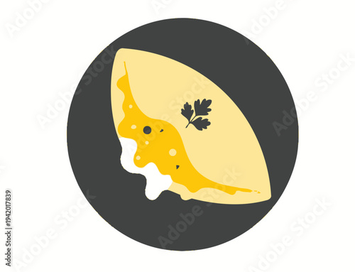 Stylized yellow omelet with parsley and cheese melting inside dark circle food breakfast
