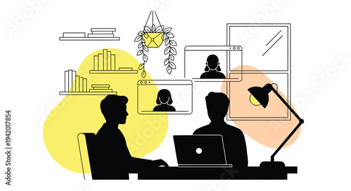 Vector illustration of two people working at desk with laptops and video calls