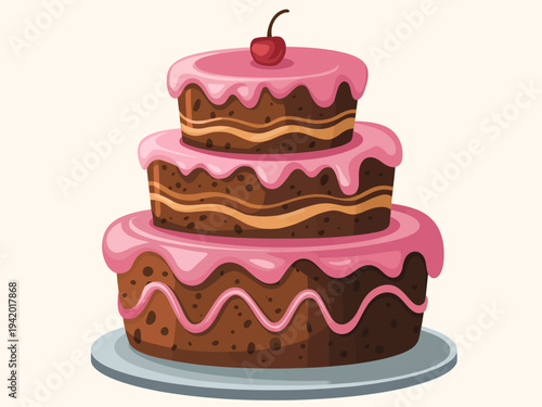 Tiered chocolate cake with pink frosting and cherry