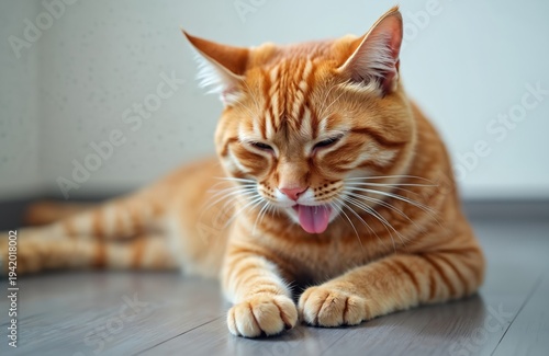 Ginger cat lies on floor, mouth open, pink tongue out. Feline appears unwell, possibly nauseous or gagging. Domestic pet looks weak, uncomfortable, needs vet attention.