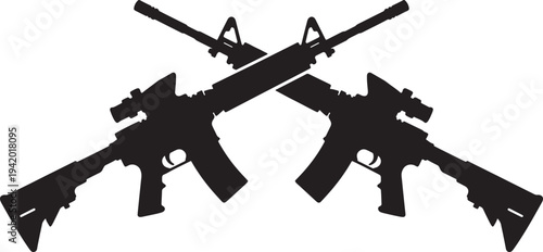Two black assault rifles crossed over each other in silhouette also transparent background firearms guns