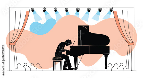 Vector illustration of a man playing grand piano on stage