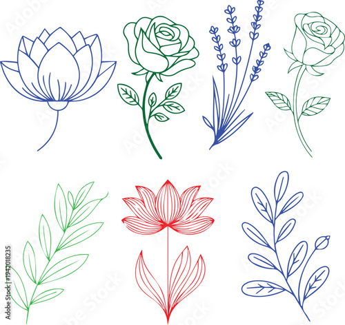Hand Drawn Minimalist Floral Line Art Set - Botanical Vector Illustrations of Rose, Lotus, and Lavender