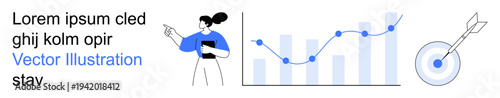 Business strategy, data analytics, growth trends, goal setting, success performance, targeted marketing. A woman pointing at charts, graphs and a target. Business strategy and data analytics focus