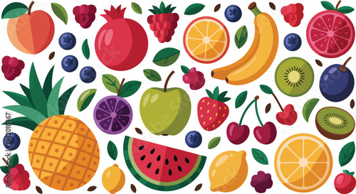 A vibrant collection of fresh and healthy fruits including pineapple, watermelon, oranges, and berries, scattered on a white surface