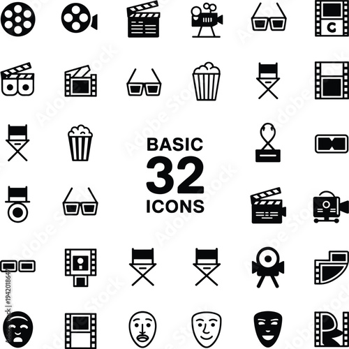 Set of thirty two basic cinema icons featuring movie film clapperboard popcorn director chair camera and theater masks for film industry