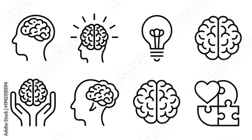 Brain and mind icons, minimalist vector set representing ideas, problem solving, memory, learning, and health, editable illustrations