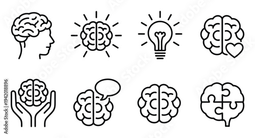 Brain and mind icons, thinking, ideas, health, memory, learning, solutions, puzzle, vector illustration set in flat and outline styles, scalable graphics for education