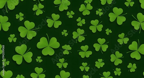 Green clover leaves pattern on dark background, St. Patrick's Day symbol