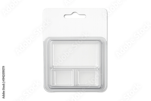 Foto Empty clear plastic blister packaging container with hang tab