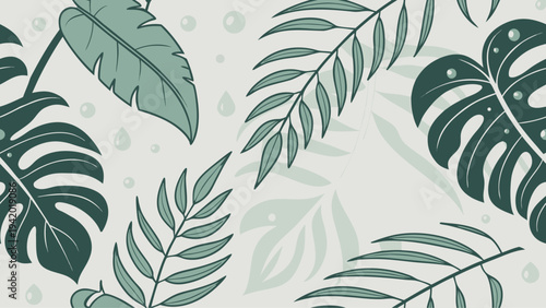 Tropical leaves graphic illustration with monstera and palm foliage on white background