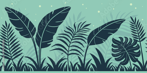 Tropical leaves illustration with a soothing green background and decorative elements shining